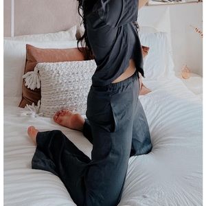 Fabletics | High Waisted Silky Satin Wide Leg Pants Gray Pewter Plus 1X